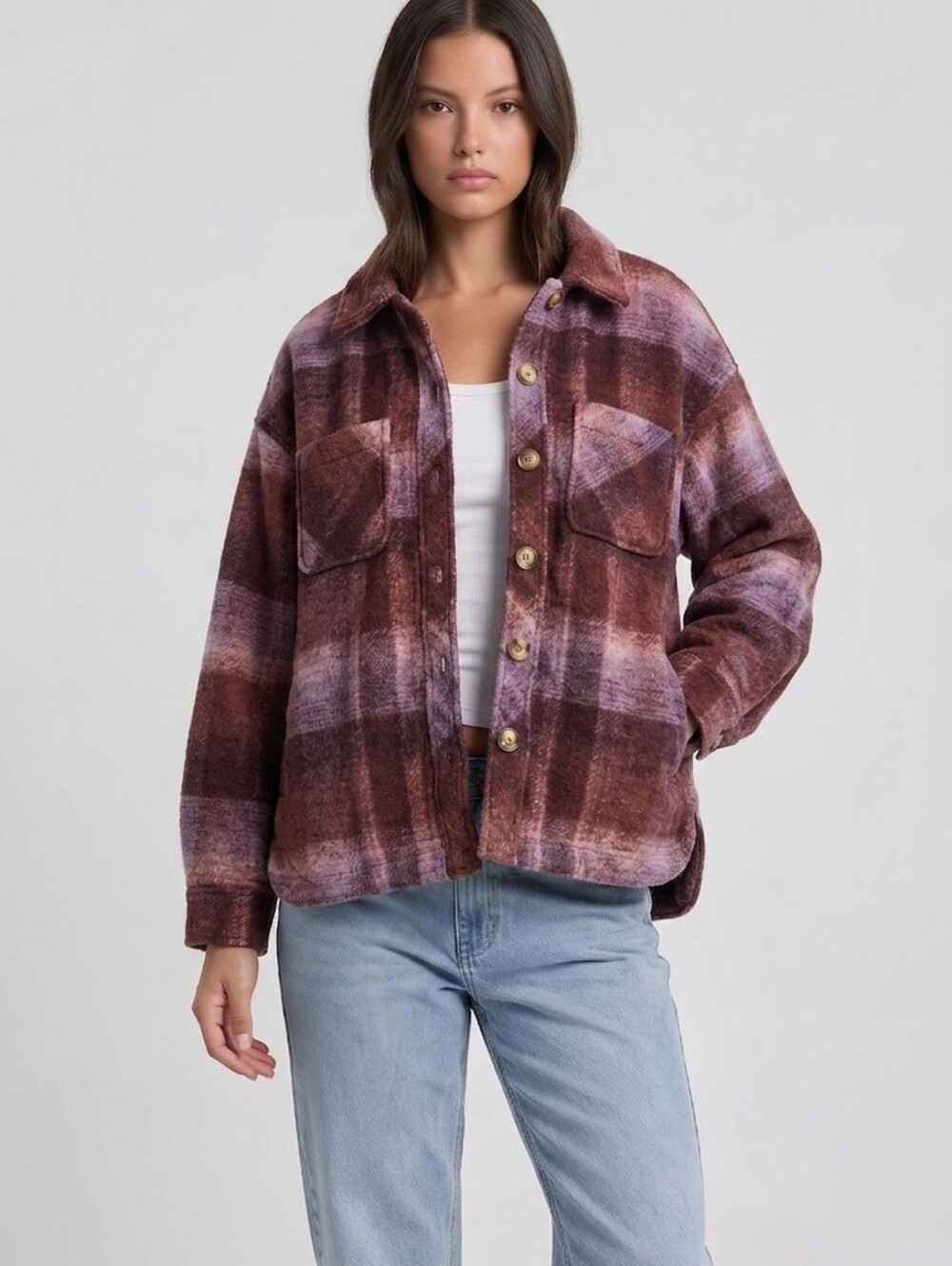 fab'rik Mauve and Brown Plaid Teddy Shacket